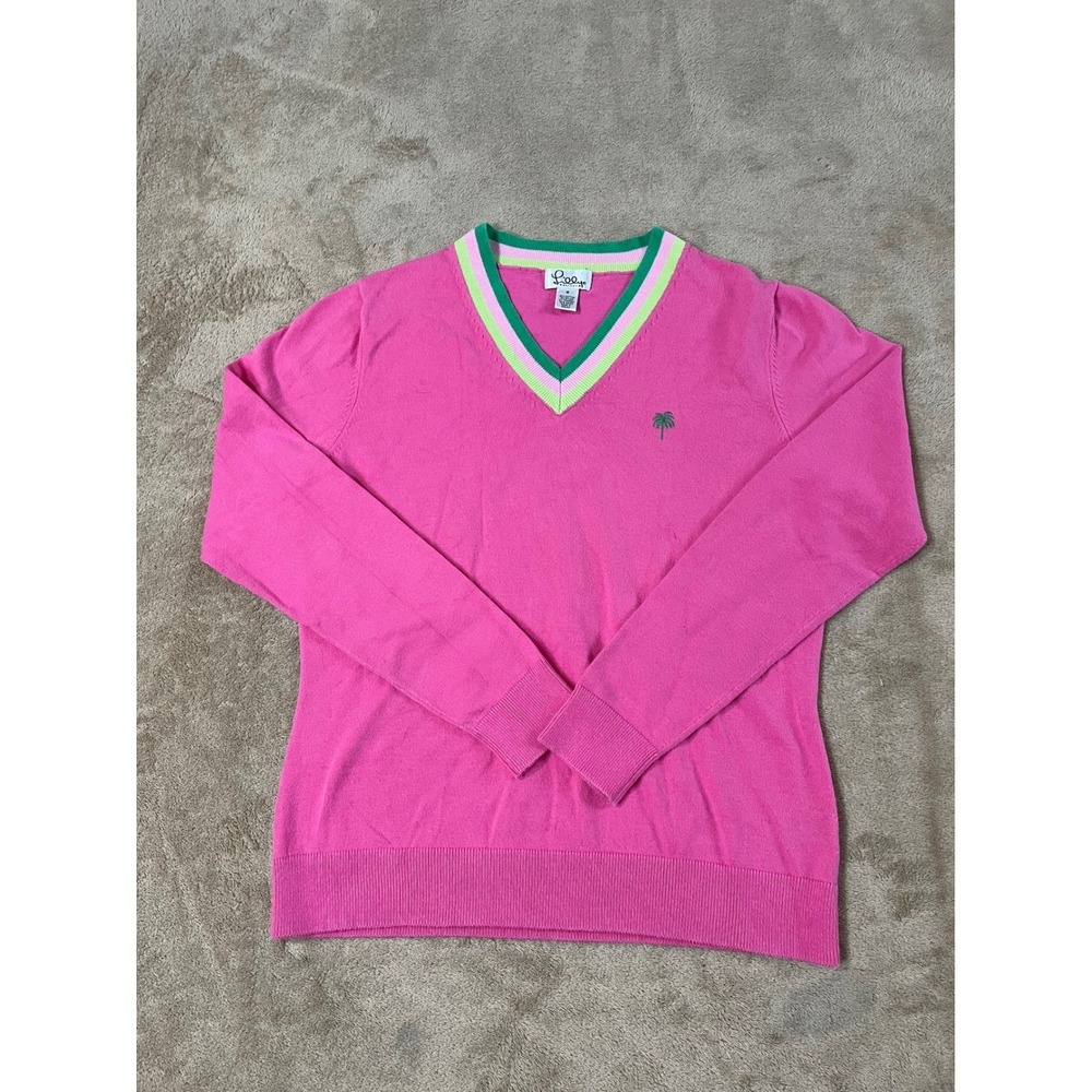 Vintage Y2K Lilly Pulitzer Sweater Women's M Pink Palm Beach Logo Cotton L/S EUC